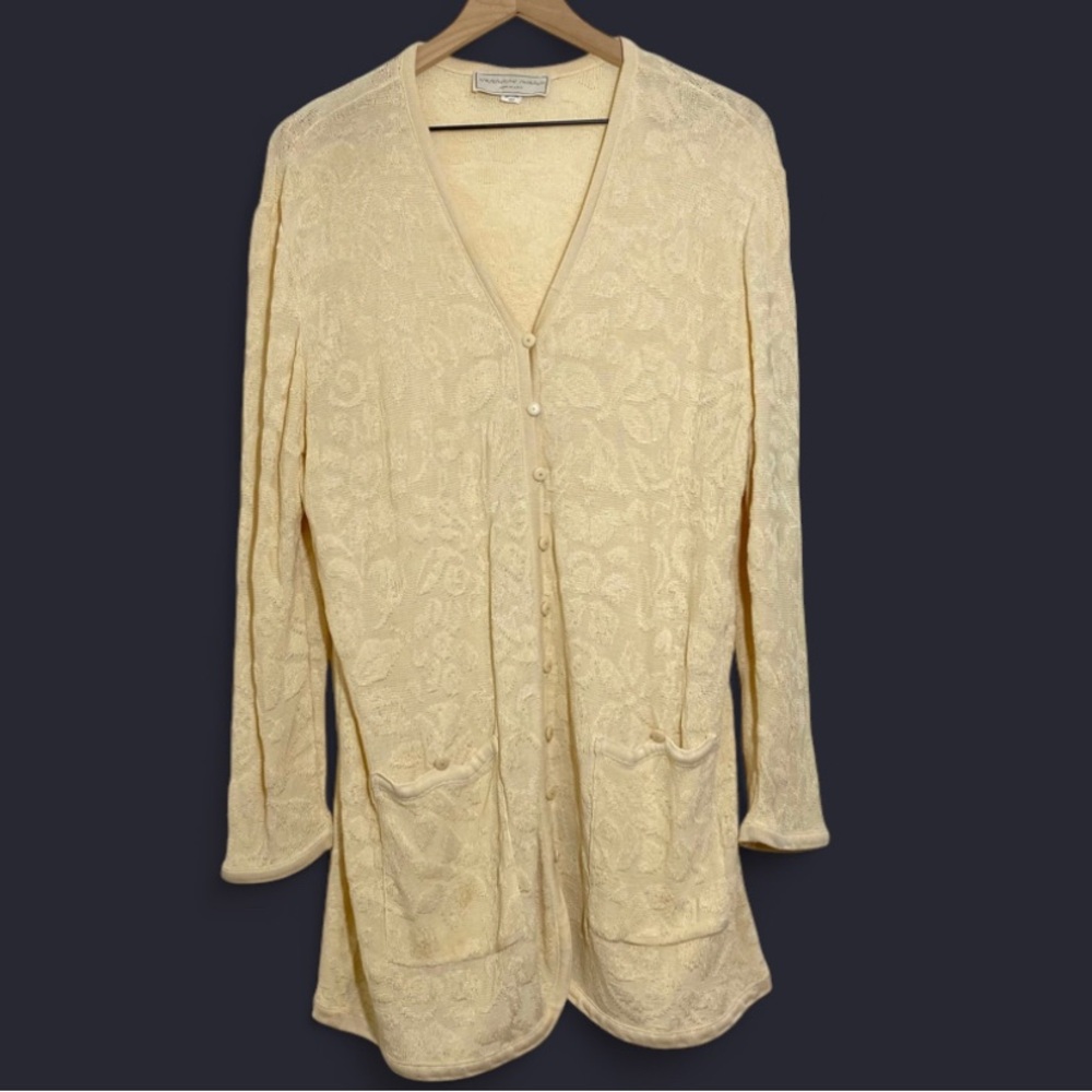 French Rags Women’s 4 Creme Knit Floral V Neck Button Up Vintage Long Cardigan